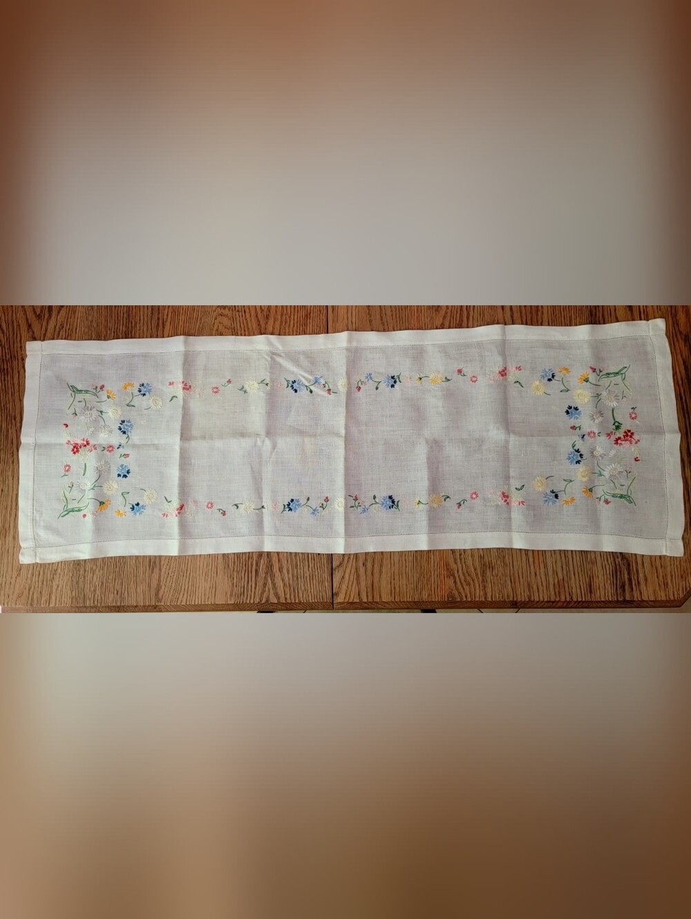 Embroidered Floral Linen Dresser Scarf Or Table Runner